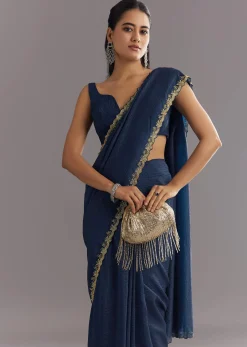 Midnight Blue Crushed Tissue Saree With Stones Cutdana Embroidered Scallop Border
