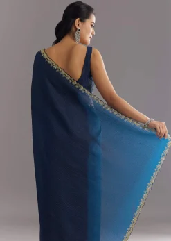 Midnight Blue Crushed Tissue Saree With Stones Cutdana Embroidered Scallop Border