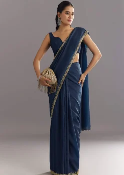 Midnight Blue Crushed Tissue Saree With Stones Cutdana Embroidered Scallop Border