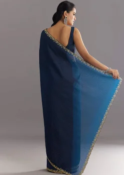 Midnight Blue Crushed Tissue Saree With Stones Cutdana Embroidered Scallop Border