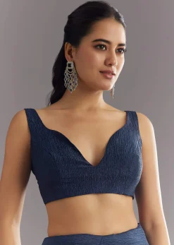 Midnight Blue Crushed Tissue Saree With Stones Cutdana Embroidered Scallop Border