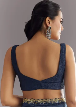 Midnight Blue Crushed Tissue Saree With Stones Cutdana Embroidered Scallop Border