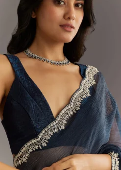 Midnight Blue Crushed Tissue Saree With Scallop Embroidered Border