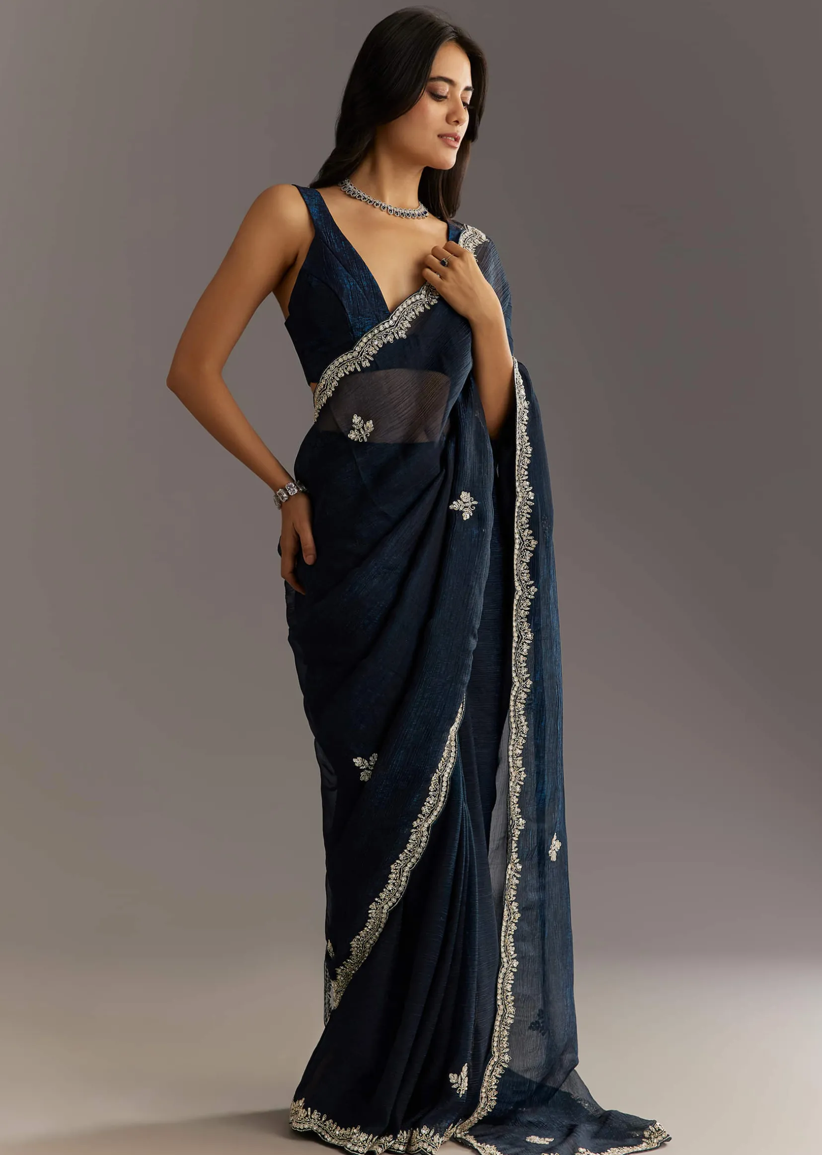 Midnight Blue Crushed Tissue Saree With Scallop Embroidered Border