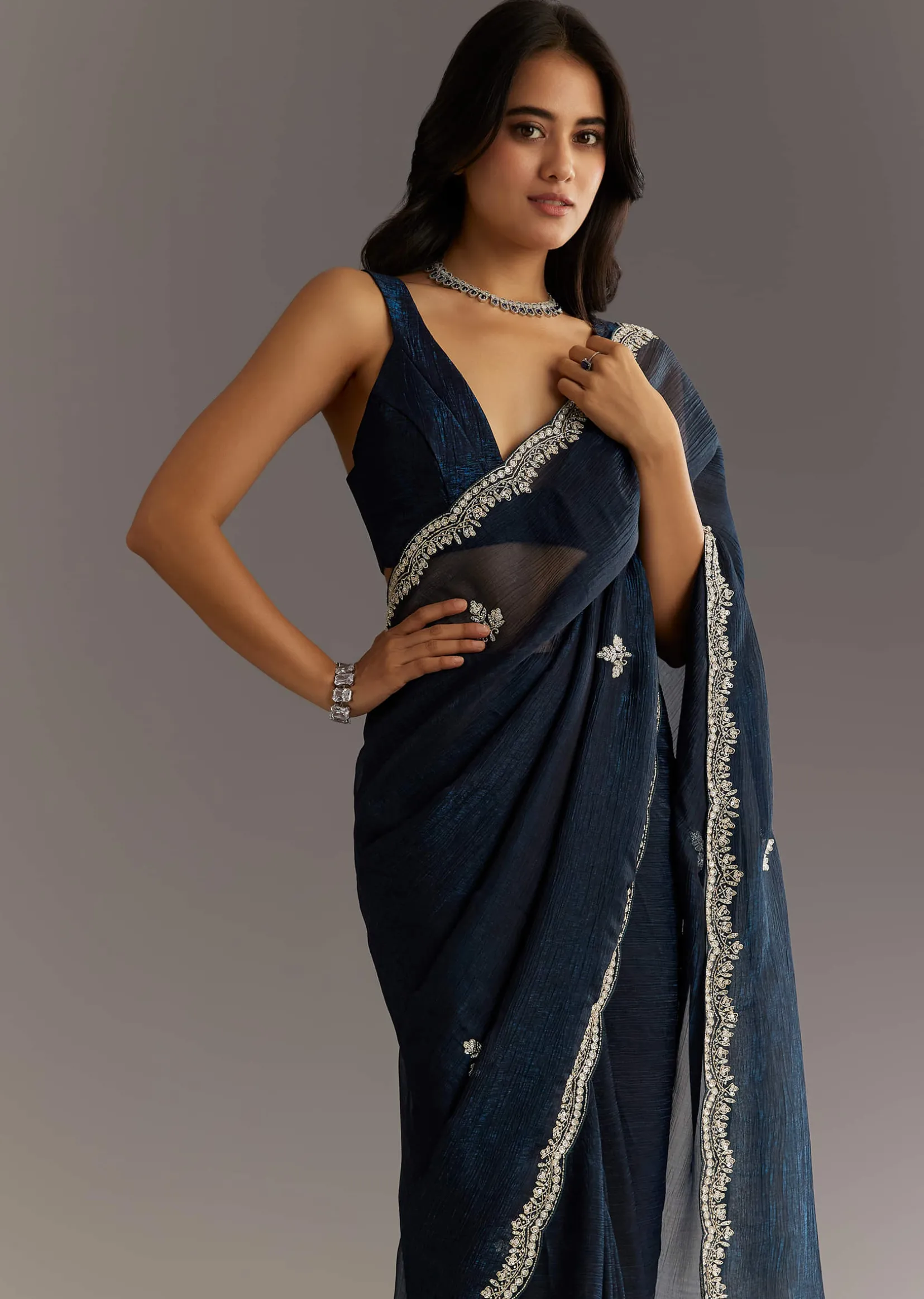 Midnight Blue Crushed Tissue Saree With Scallop Embroidered Border