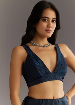 Midnight Blue Crushed Tissue Saree With Scallop Embroidered Border