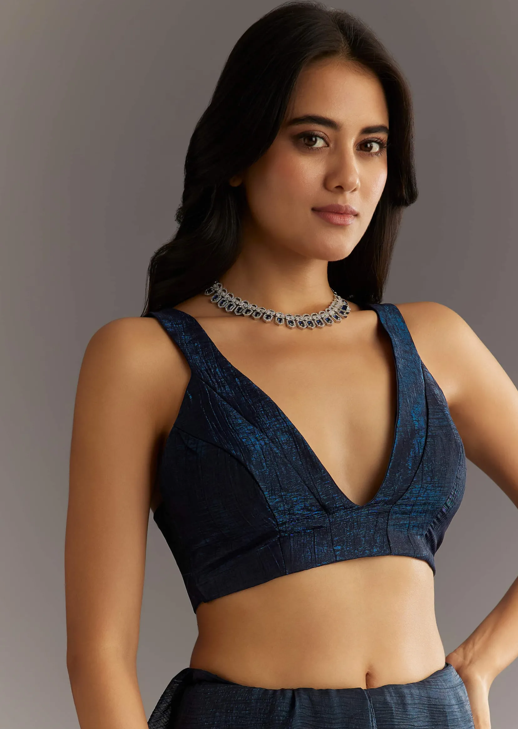 Midnight Blue Crushed Tissue Saree With Scallop Embroidered Border