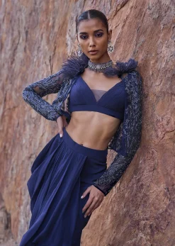 Midnight Blue Feathered Jacket With Draped Skirt And Bustier