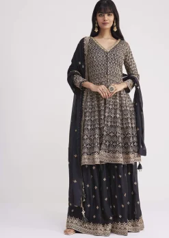 Midnight Blue Georgette Embroidered Palazzo Suit