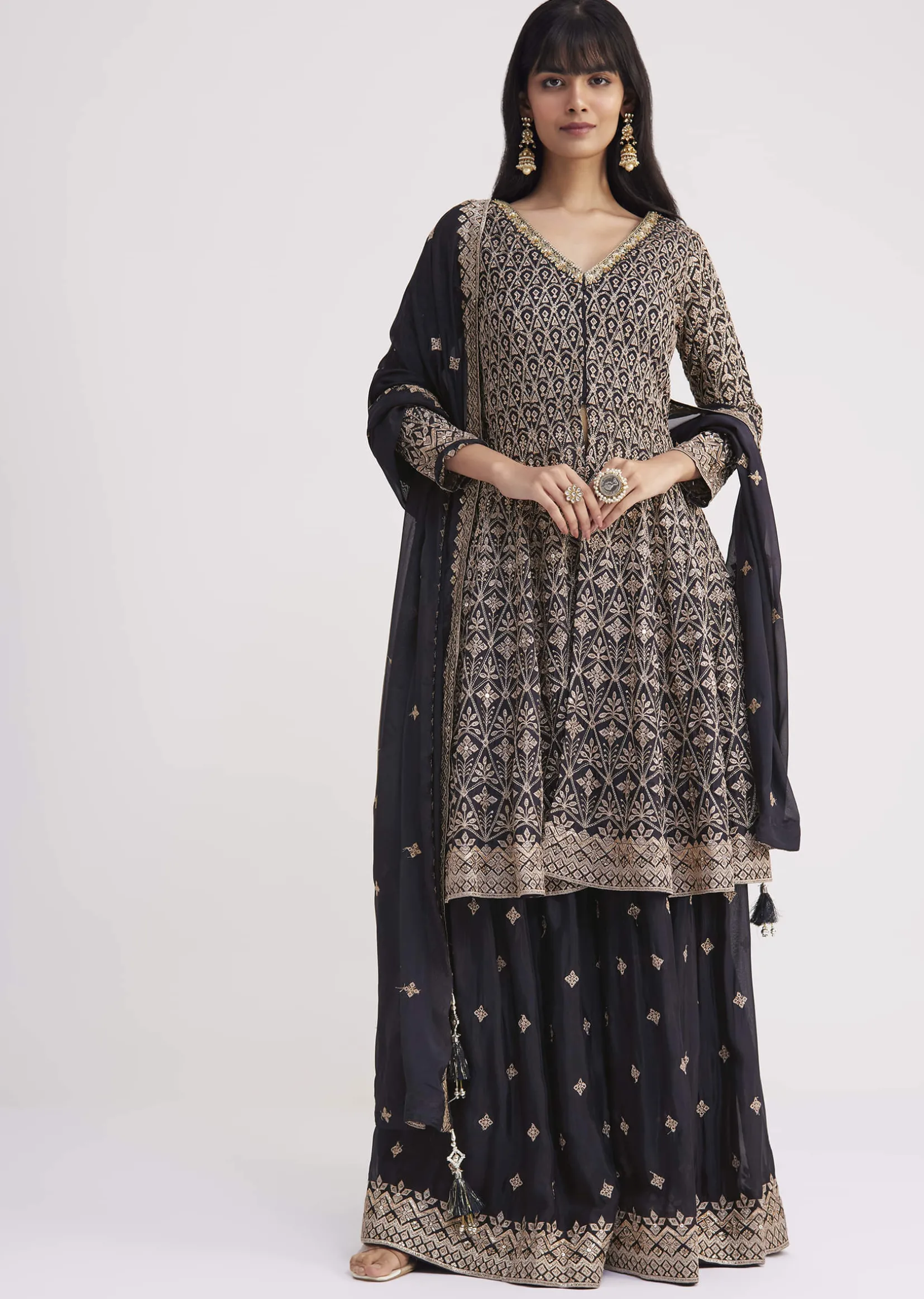 Midnight Blue Georgette Embroidered Palazzo Suit