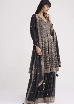 Midnight Blue Georgette Embroidered Palazzo Suit