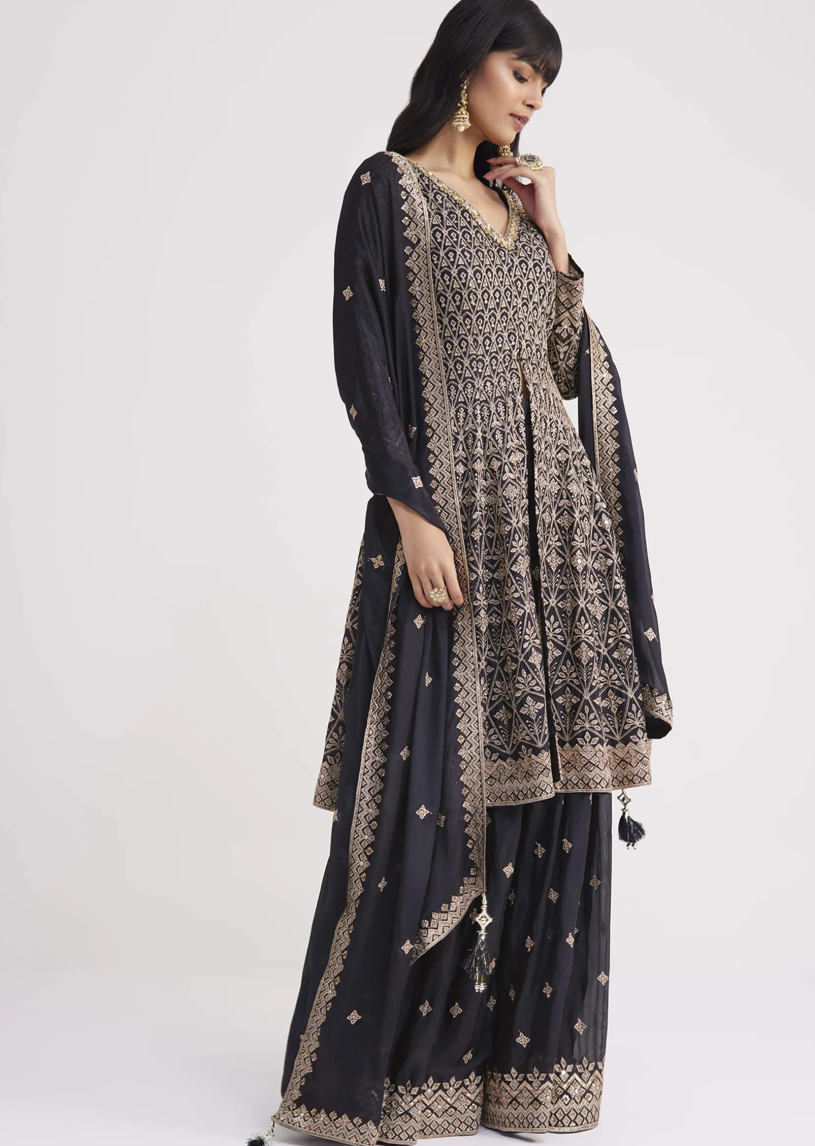Midnight Blue Georgette Embroidered Palazzo Suit