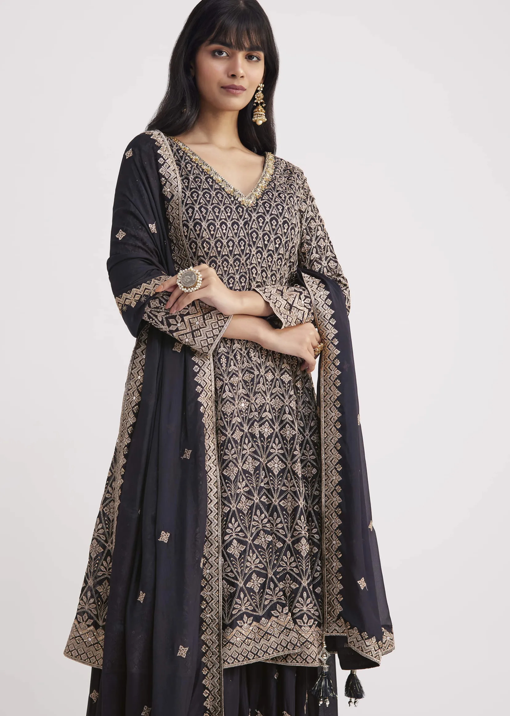 Midnight Blue Georgette Embroidered Palazzo Suit
