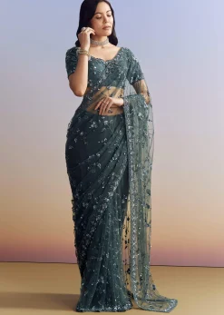 Midnight Blue Net Saree With Floral Jaal And Statement Embroidery