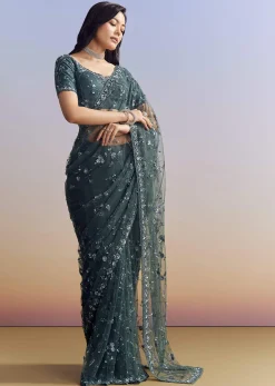 Midnight Blue Net Saree With Floral Jaal And Statement Embroidery