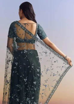 Midnight Blue Net Saree With Floral Jaal And Statement Embroidery