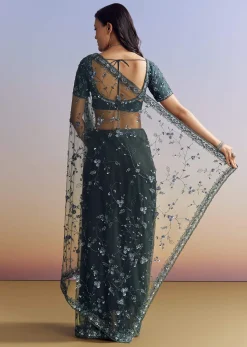 Midnight Blue Net Saree With Floral Jaal And Statement Embroidery