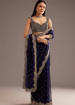 Midnight Blue Organza Tissue Saree With Sequin And Cutdana Embroidery