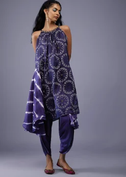 Midnight Blue Silk Bandhani Top With Tie-Dye Side Panel And Silk Dhoti Pants