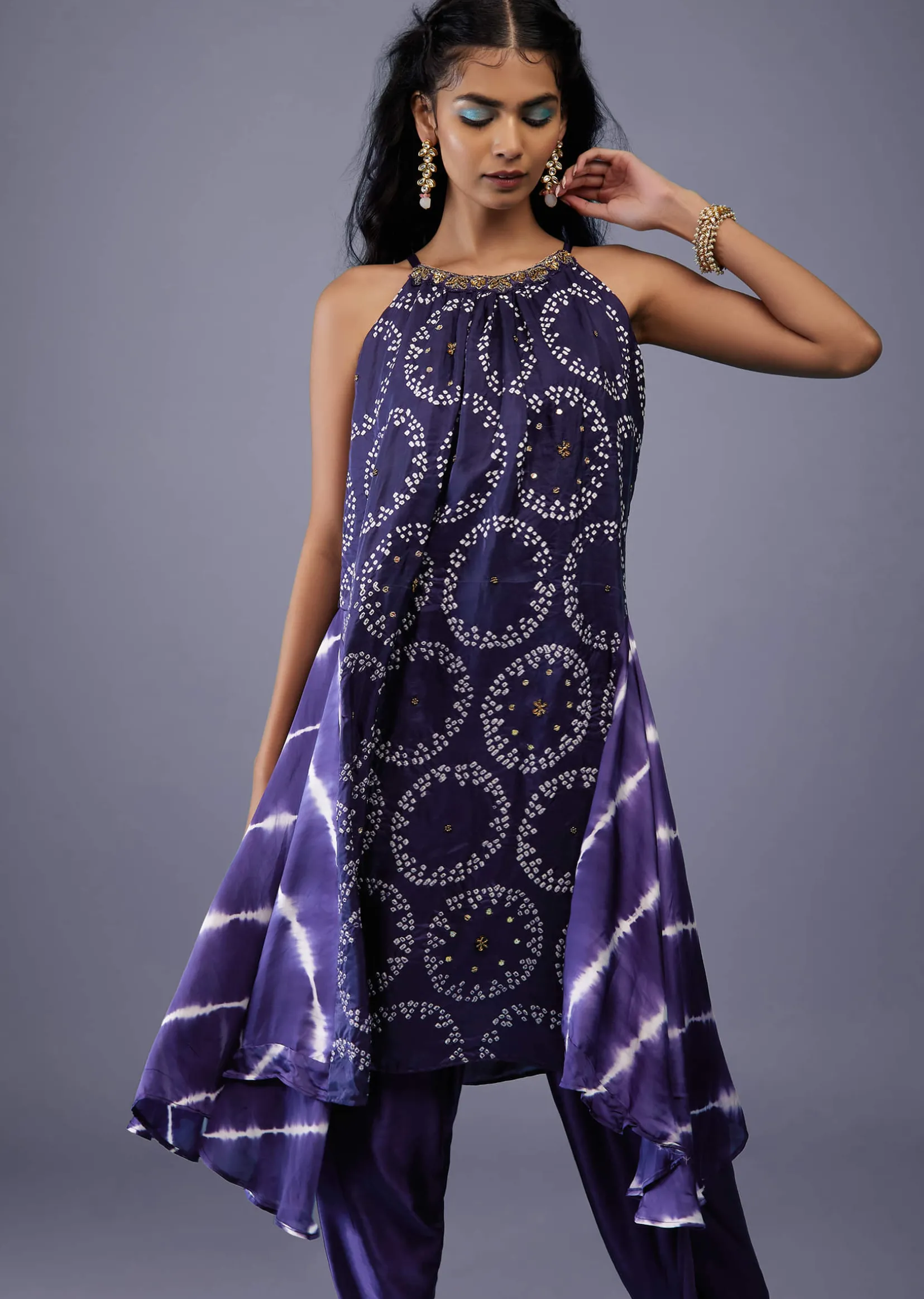 Midnight Blue Silk Bandhani Top With Tie-Dye Side Panel And Silk Dhoti Pants