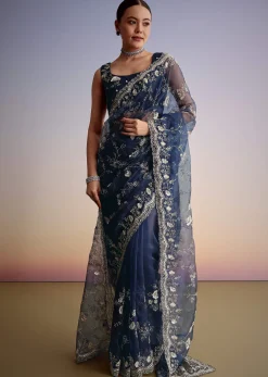 Midnight Blue Tissue Floral Embroidered Saree With Scallop Border