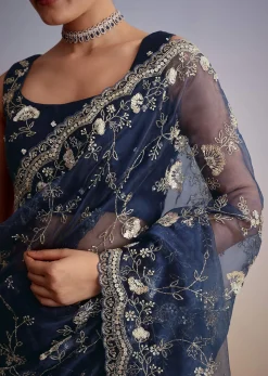 Midnight Blue Tissue Floral Embroidered Saree With Scallop Border
