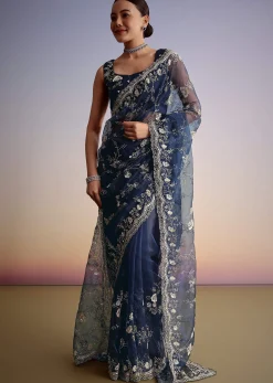 Midnight Blue Tissue Floral Embroidered Saree With Scallop Border