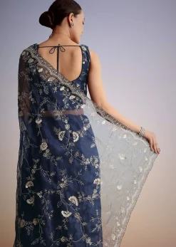 Midnight Blue Tissue Floral Embroidered Saree With Scallop Border