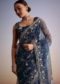 Midnight Blue Tissue Floral Embroidered Saree With Scallop Border