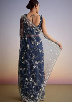 Midnight Blue Tissue Floral Embroidered Saree With Scallop Border