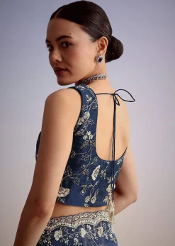 Midnight Blue Tissue Floral Embroidered Saree With Scallop Border