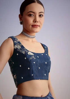 Midnight Blue Tissue Floral Embroidered Saree With Scallop Border
