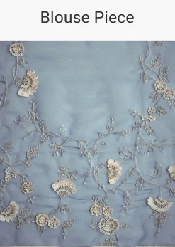 Midnight Blue Tissue Floral Embroidered Saree With Scallop Border