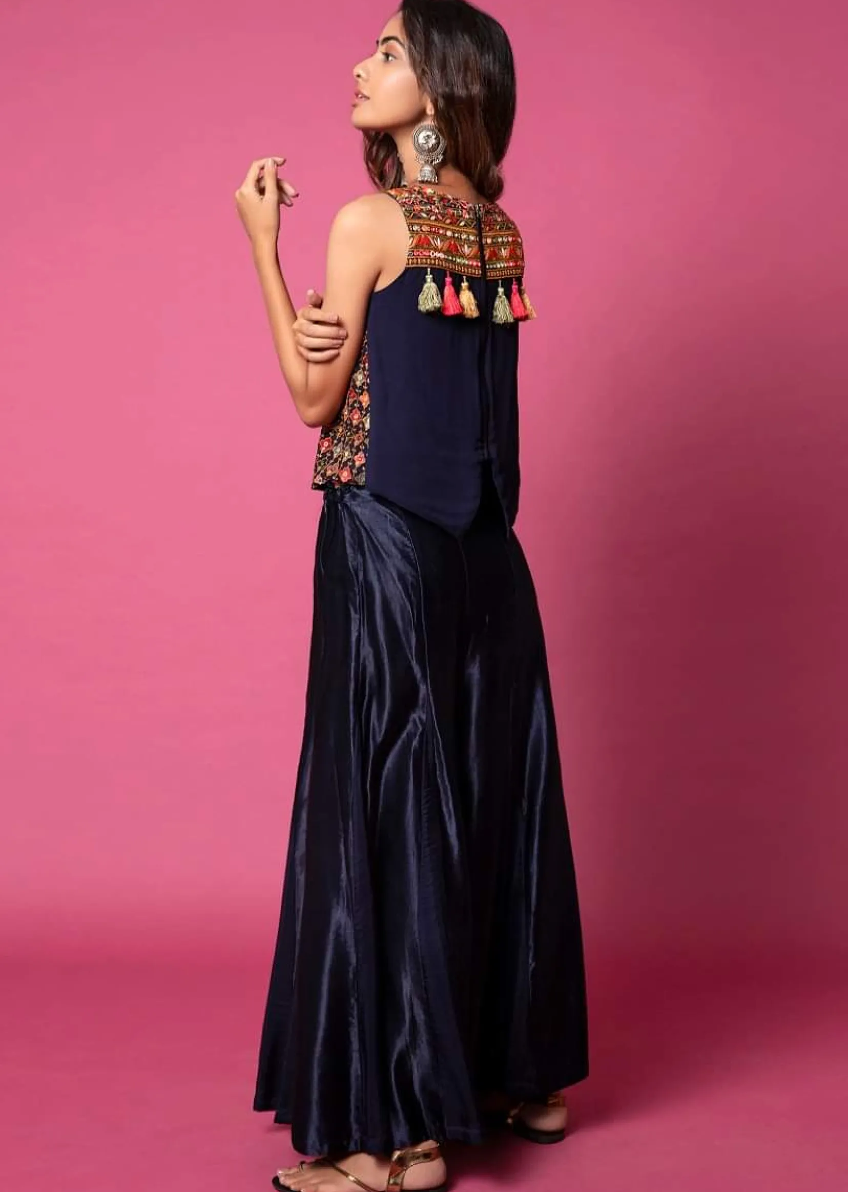 Midnight Blue Top And Paneled Sharara Pants With Thread Embroidery And Tassel Detailing