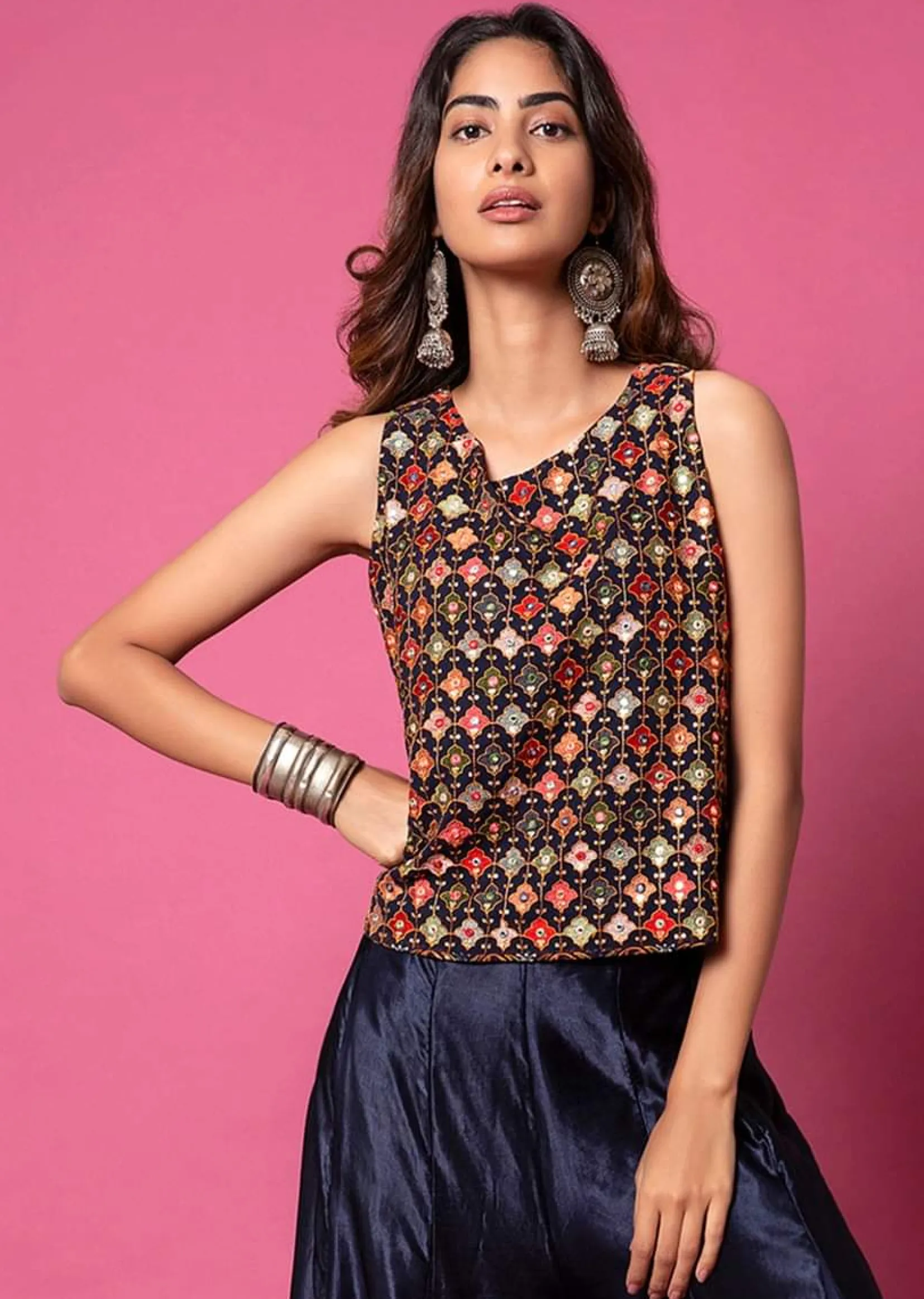 Midnight Blue Top And Paneled Sharara Pants With Thread Embroidery And Tassel Detailing