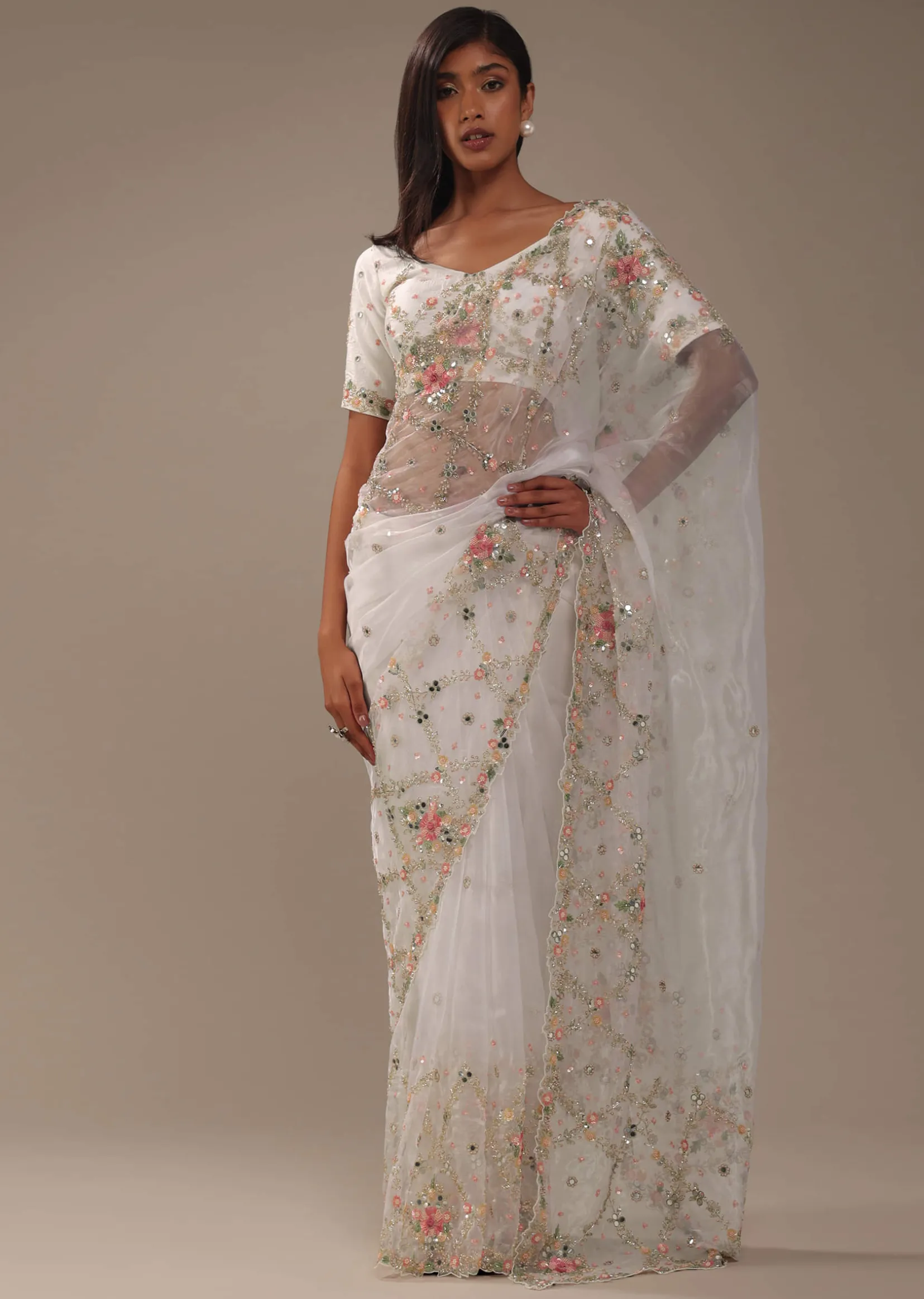 Milky White 3D Embroidered Tissue Silk Saree