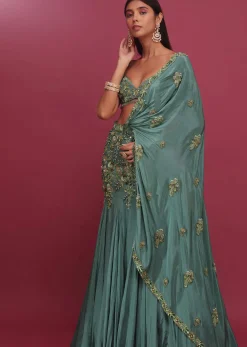 Mint Blue Lehenga Set In Pure Crepe Embroidered With Attached Dupatta - NOOR 2022