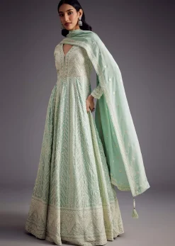 Mint Blue Lucknowi Work Anarkali With Matching Dupatta