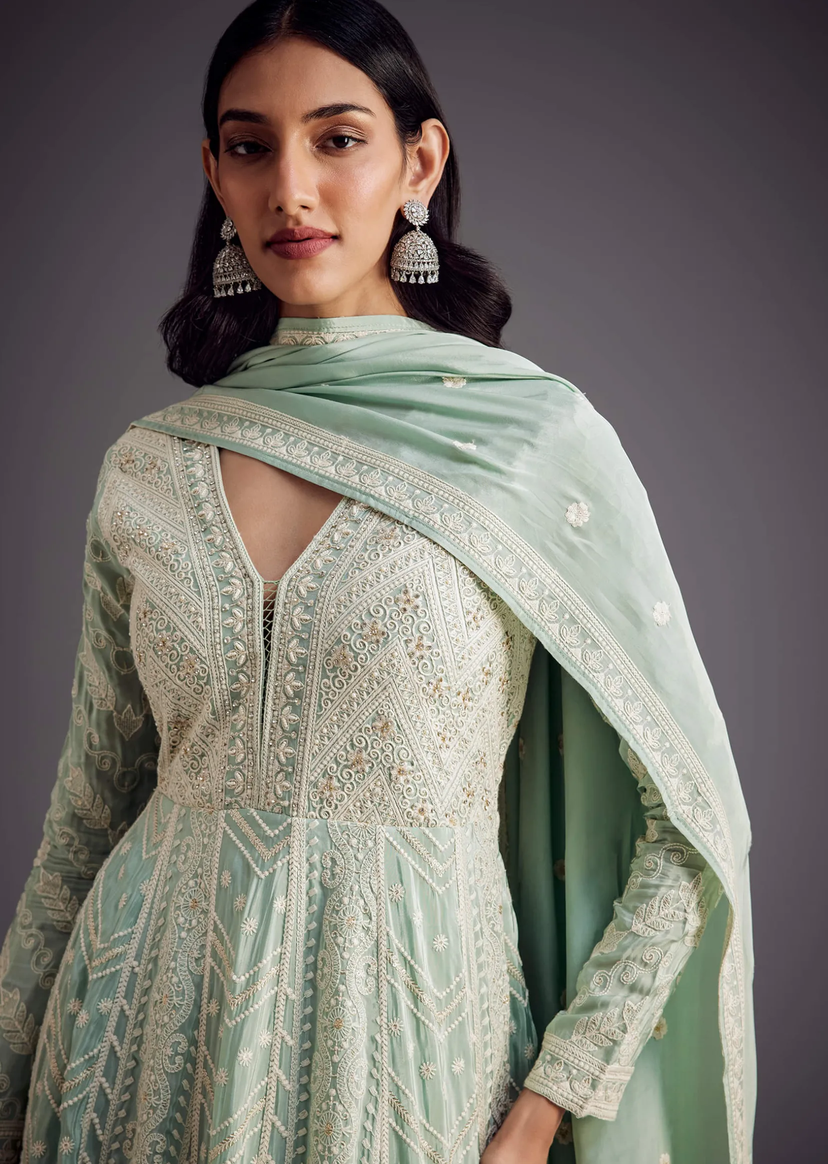 Mint Blue Lucknowi Work Anarkali With Matching Dupatta