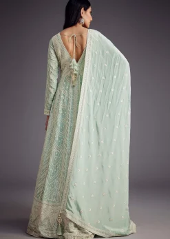 Mint Blue Lucknowi Work Anarkali With Matching Dupatta
