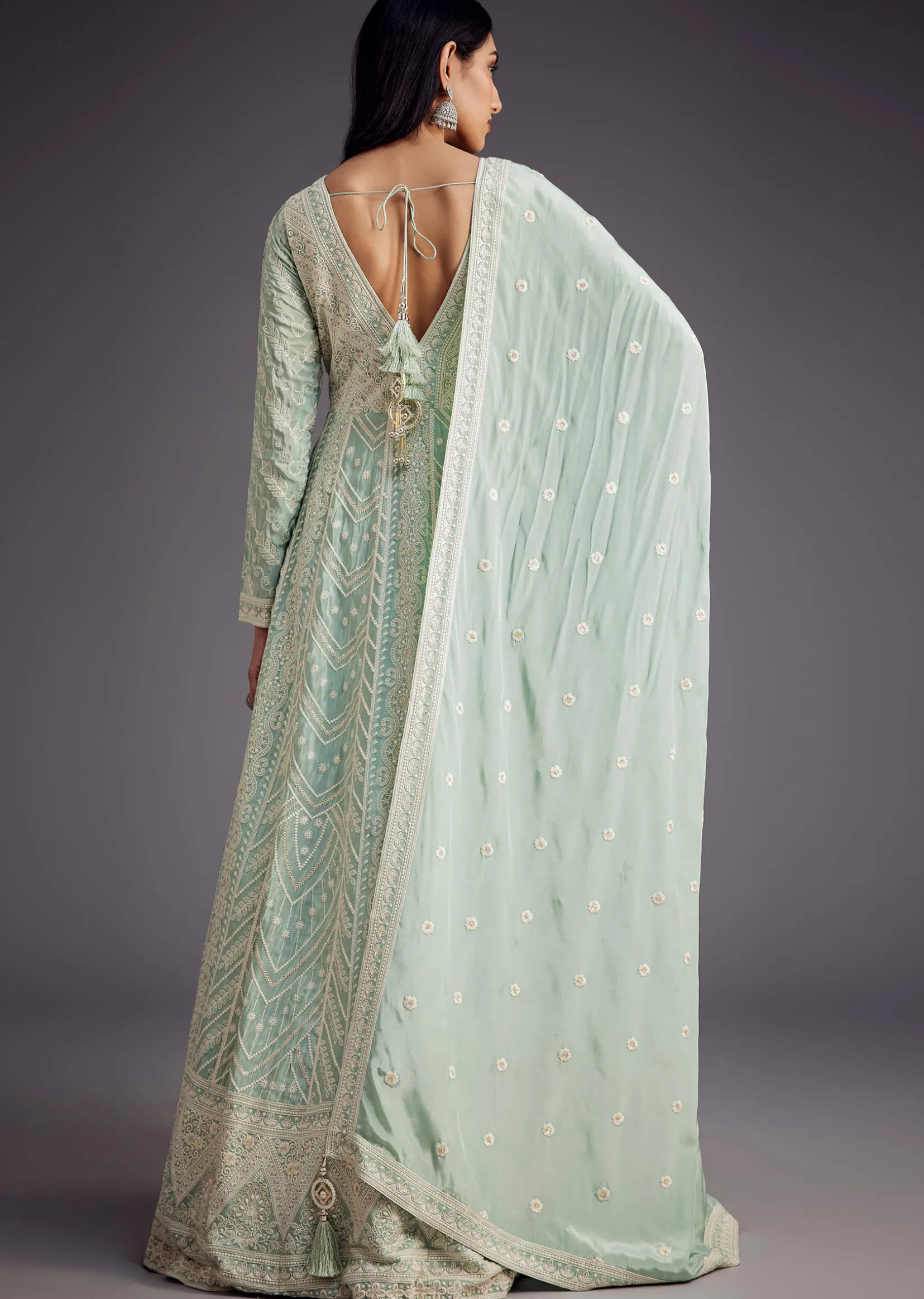 Mint Blue Lucknowi Work Anarkali With Matching Dupatta