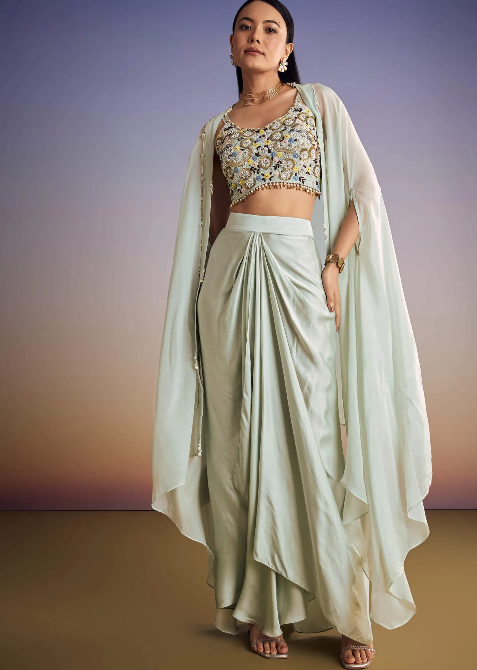 Mint Blue Organza Cape Set With Sequins And Thread Work