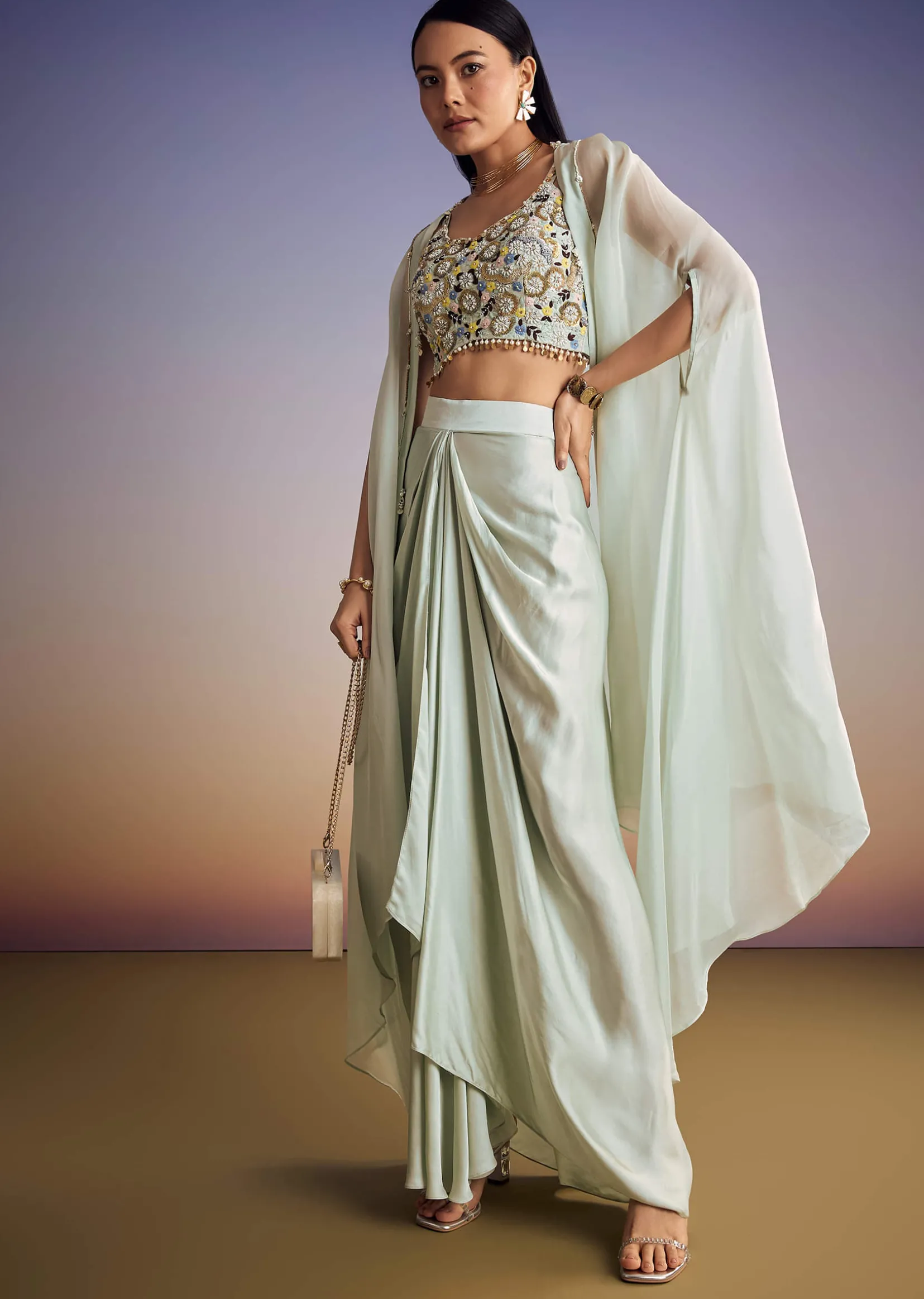 Mint Blue Organza Cape Set With Sequins And Thread Work