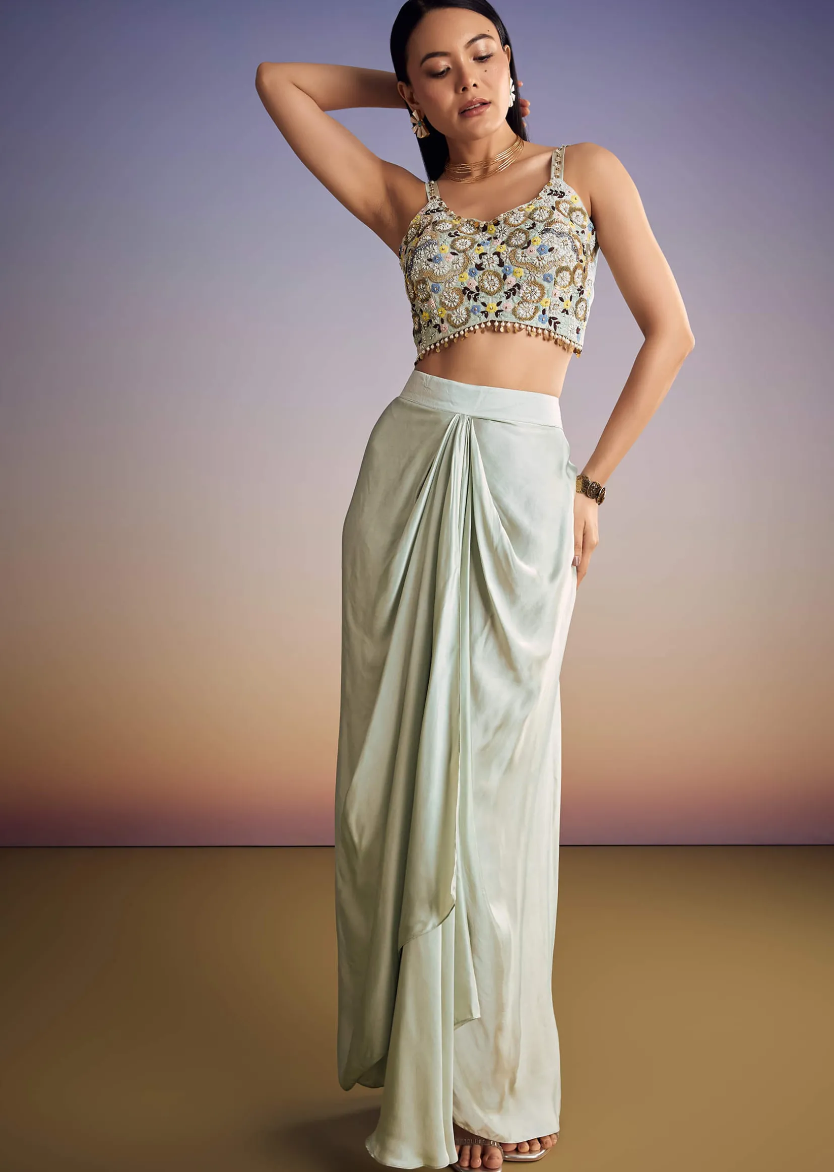 Mint Blue Organza Cape Set With Sequins And Thread Work