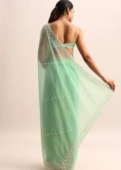 Mint Blue Organza Saree With Cutdana Embroidery And Scallop Border With Unstitched Blouse