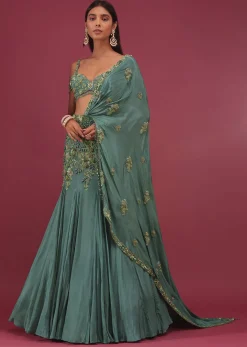 Mint Blue Pure Crepe Pleated Lehenga Set With Attached Dupatta - NOOR 2022