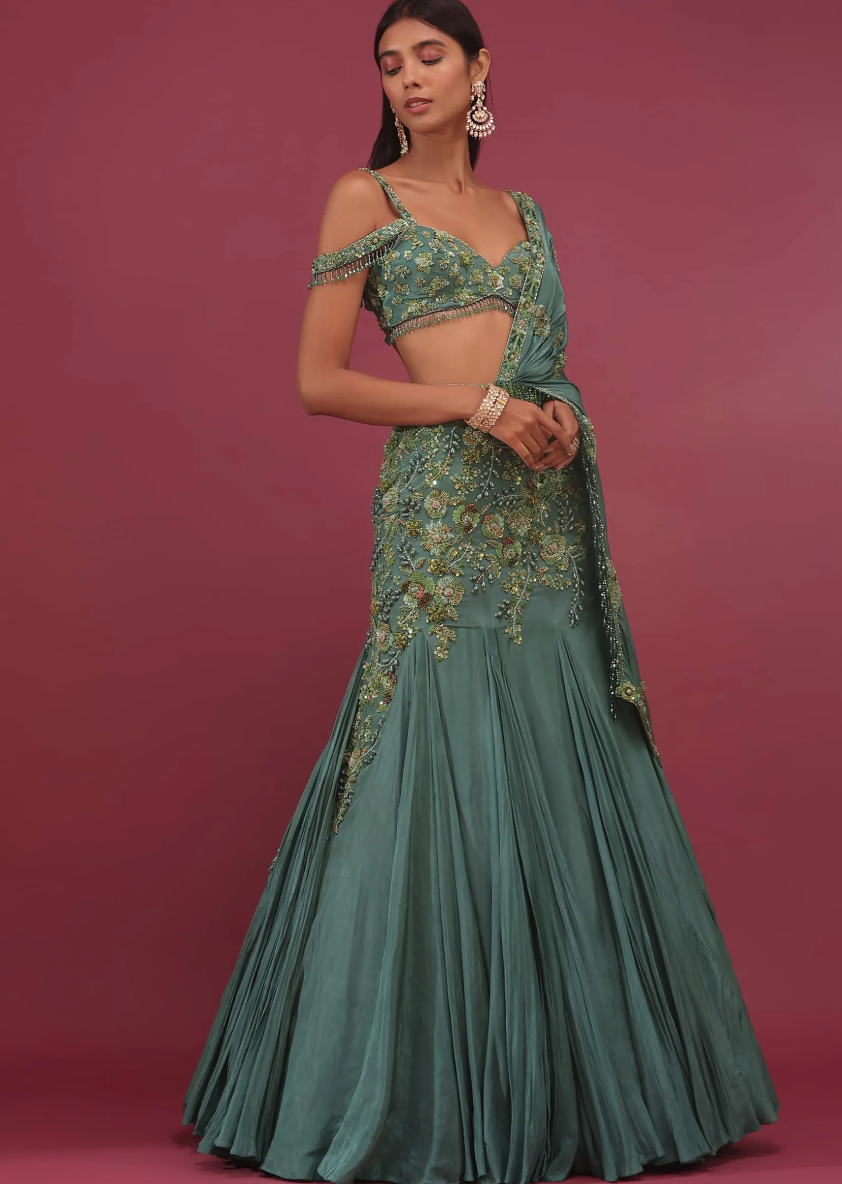 Mint Blue Pure Crepe Pleated Lehenga Set With Attached Dupatta - NOOR 2022