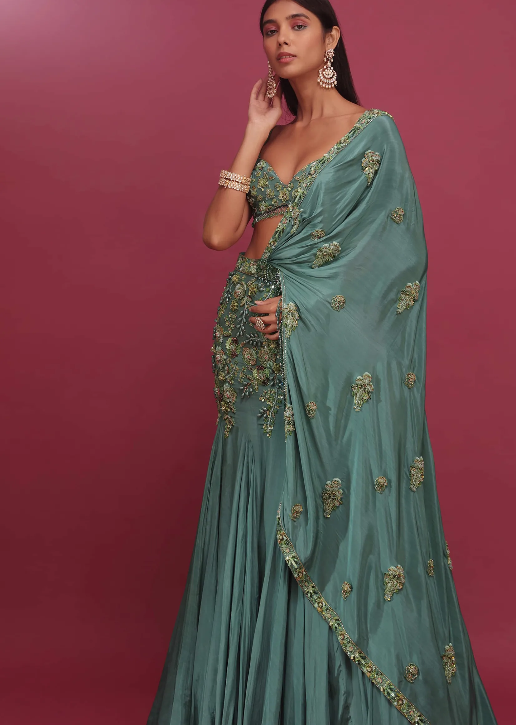Mint Blue Pure Crepe Pleated Lehenga Set With Attached Dupatta - NOOR 2022