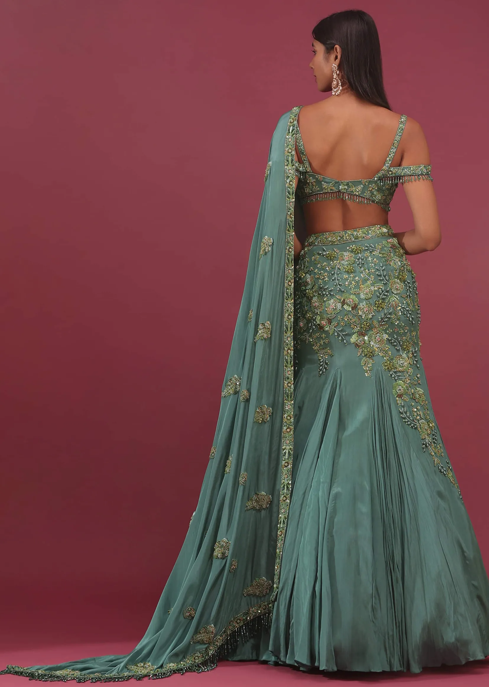 Mint Blue Pure Crepe Pleated Lehenga Set With Attached Dupatta - NOOR 2022