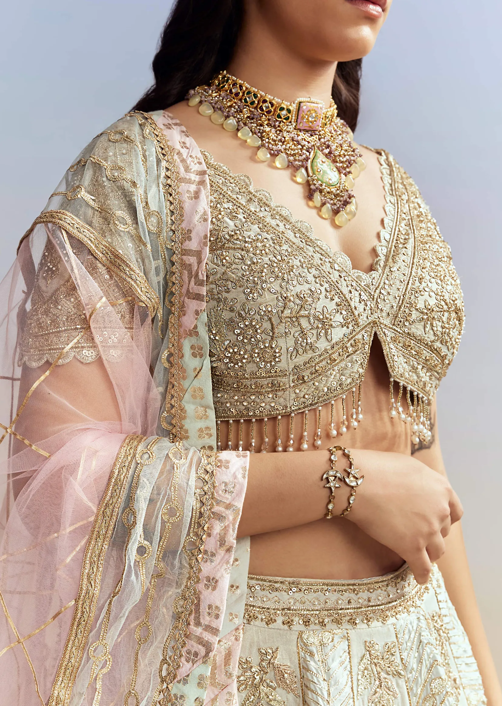 Mint Blue Tissue Embroidered Bridesmaid Lehenga